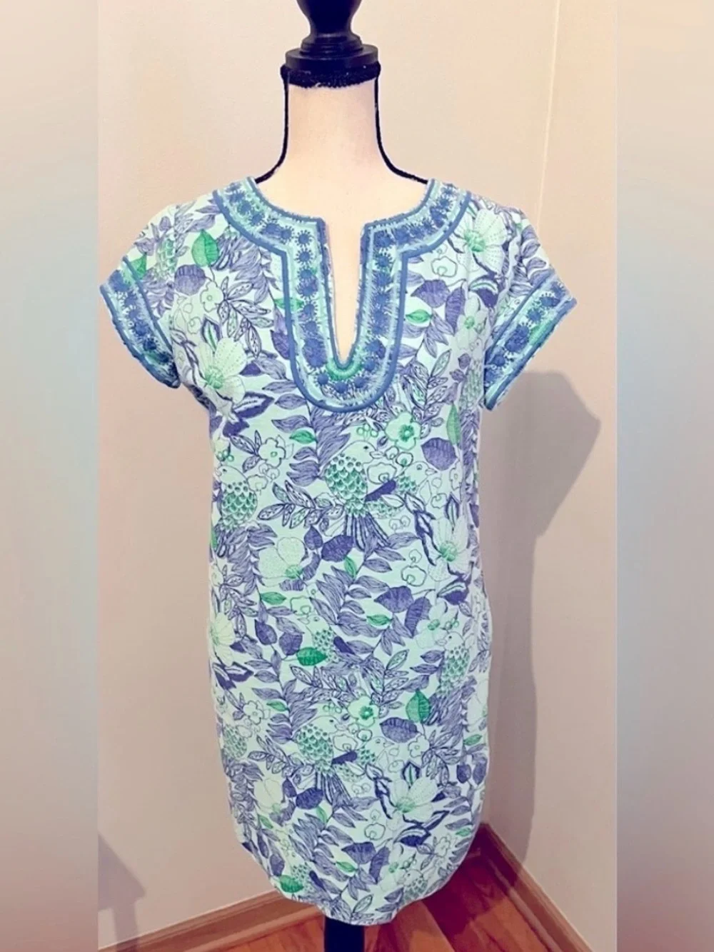 Vineyard Vines Cordia Bird Floral Embroidered Tunic Dress Blue Green Linen Sz 2 - Picture 4 of 8